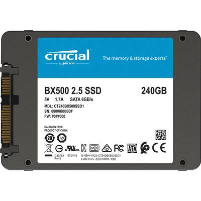 Eine Crucial BX500 2.5 SSD mit 240 GB Kapazität, 5V und 1,7A, SATA 6GB/s. Modellnummer CT240BX500SSD1, hergestellt in China.