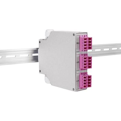 Ein graues Elektronikmodul mit rosa Anschlüssen ist auf einer Metallschiene montiert. Es hat zwei Reihen mit jeweils sechs Anschlüssen.