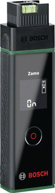 Laserentfernungsmesser von Bosch, Modell 'Zamo'. Zeigt Messung auf digitalem Display an. Kompakt und tragbar mit einer Wasserwaage oben.