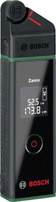 Ein Bosch Laser-Entfernungsmesser zeigt '52,5 cm' und '173,8 cm' an. Es hat ein kompaktes, schwarzes Design mit einem Display und einem roten Aktivierungsknopf.