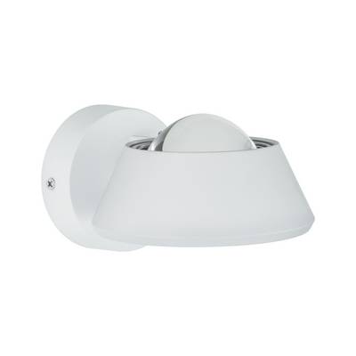 Eine moderne, weiße Wandleuchte mit abgerundetem Design, geeignet für Innenbeleuchtung. Die Lampe ist stromlinienförmig und minimalistisch.