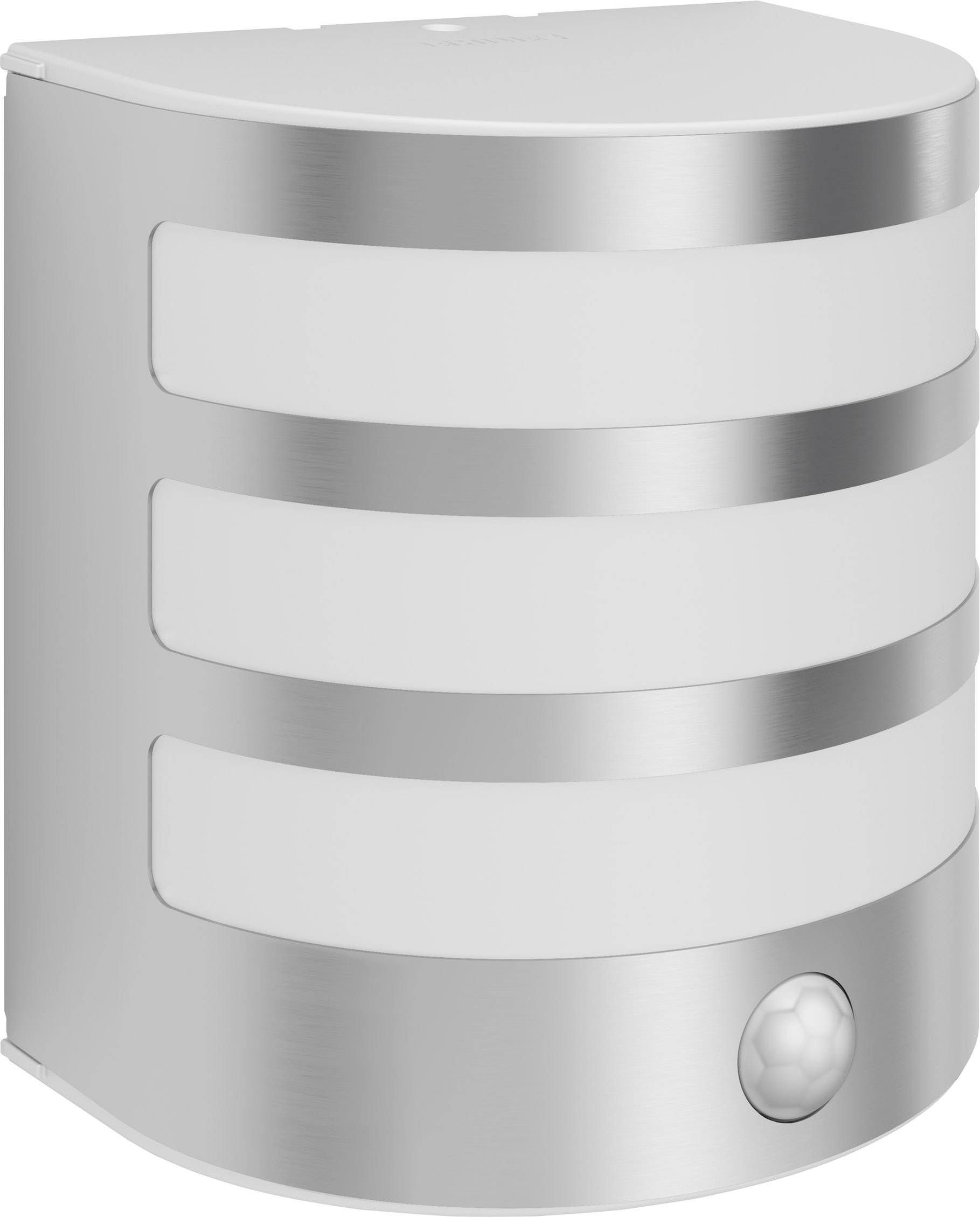 Moderne Außenleuchte aus gebürstetem Metall mit drei horizontalen LED-Streifen und einem Bewegungssensor an der Unterseite.