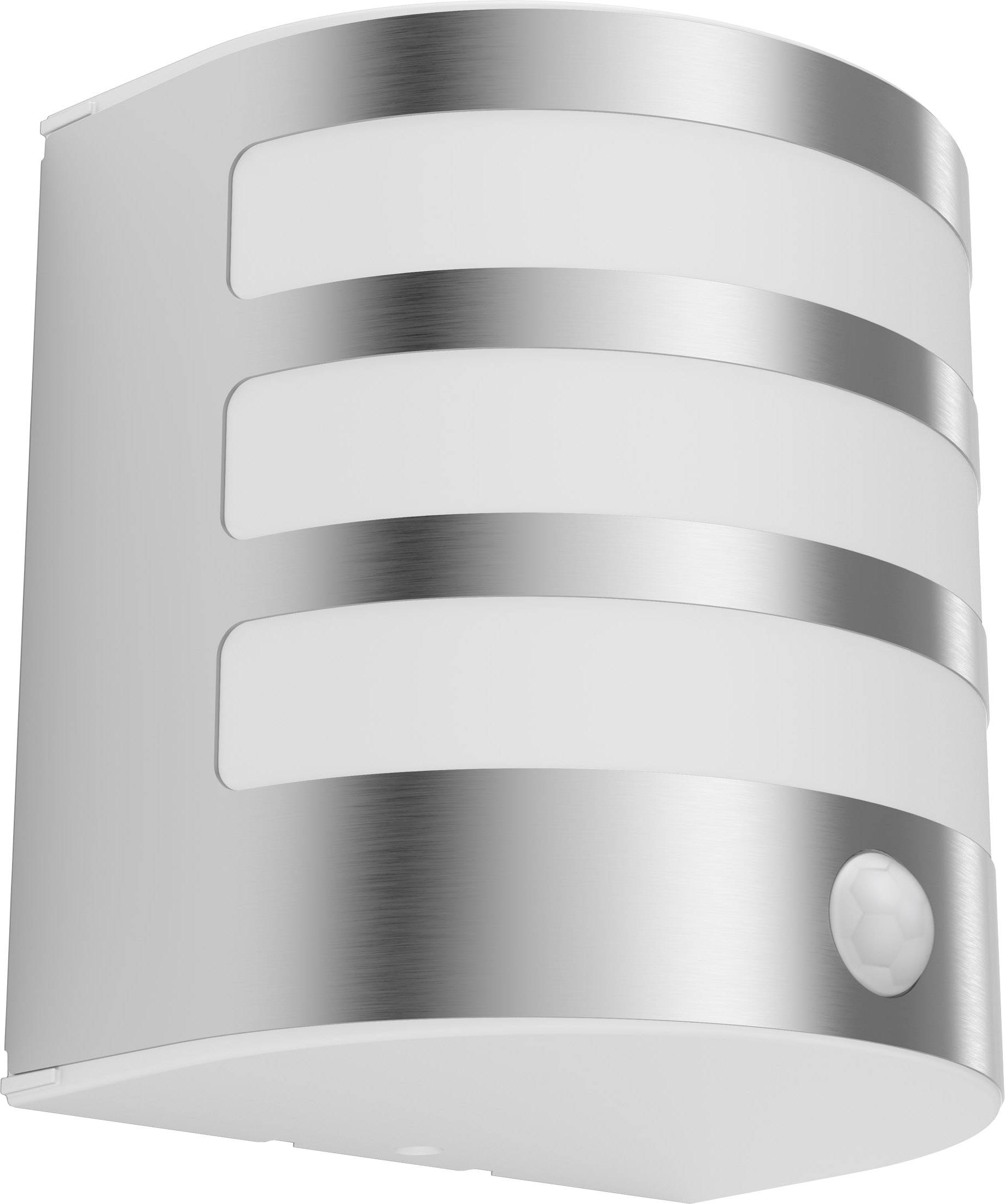 Moderne silberne Wandleuchte mit weißen Elementen, geeignet für Innen- und Außenbereiche. Enthält einen Bewegungssensor unten.