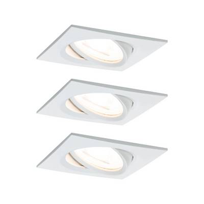 Drei quadratische, weiße Einbaustrahler mit schwenkbaren LED-Spots, die warmes Licht abstrahlen. Sie sind symmetrisch angeordnet.