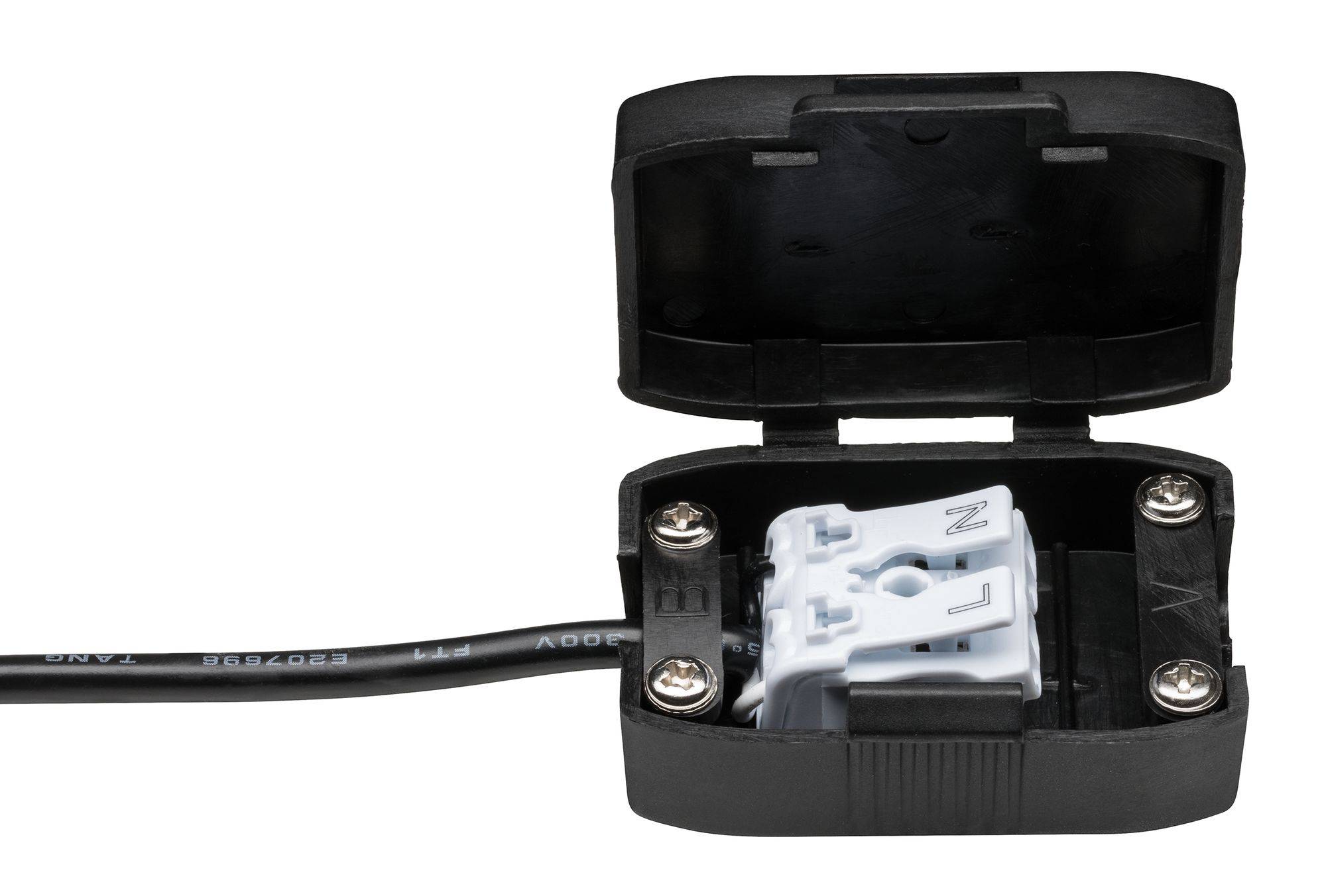 Ein offenes schwarzes Gehäuse, das einen weißen elektrischen Schalter mit Schraubklemmen und angeschlossenem Kabel zeigt.