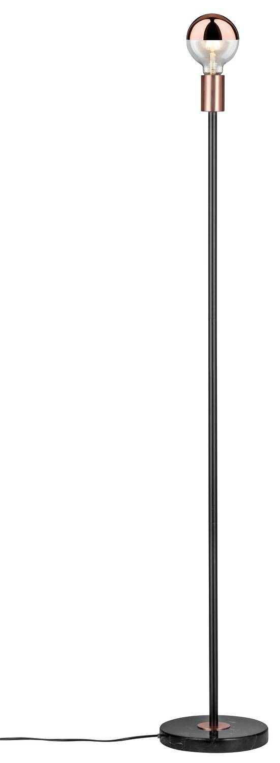 Schwarze Stehlampe mit schmalem Ständer, rundem Fuß und einer Glühbirne oben. Moderne, minimalistische Ästhetik.