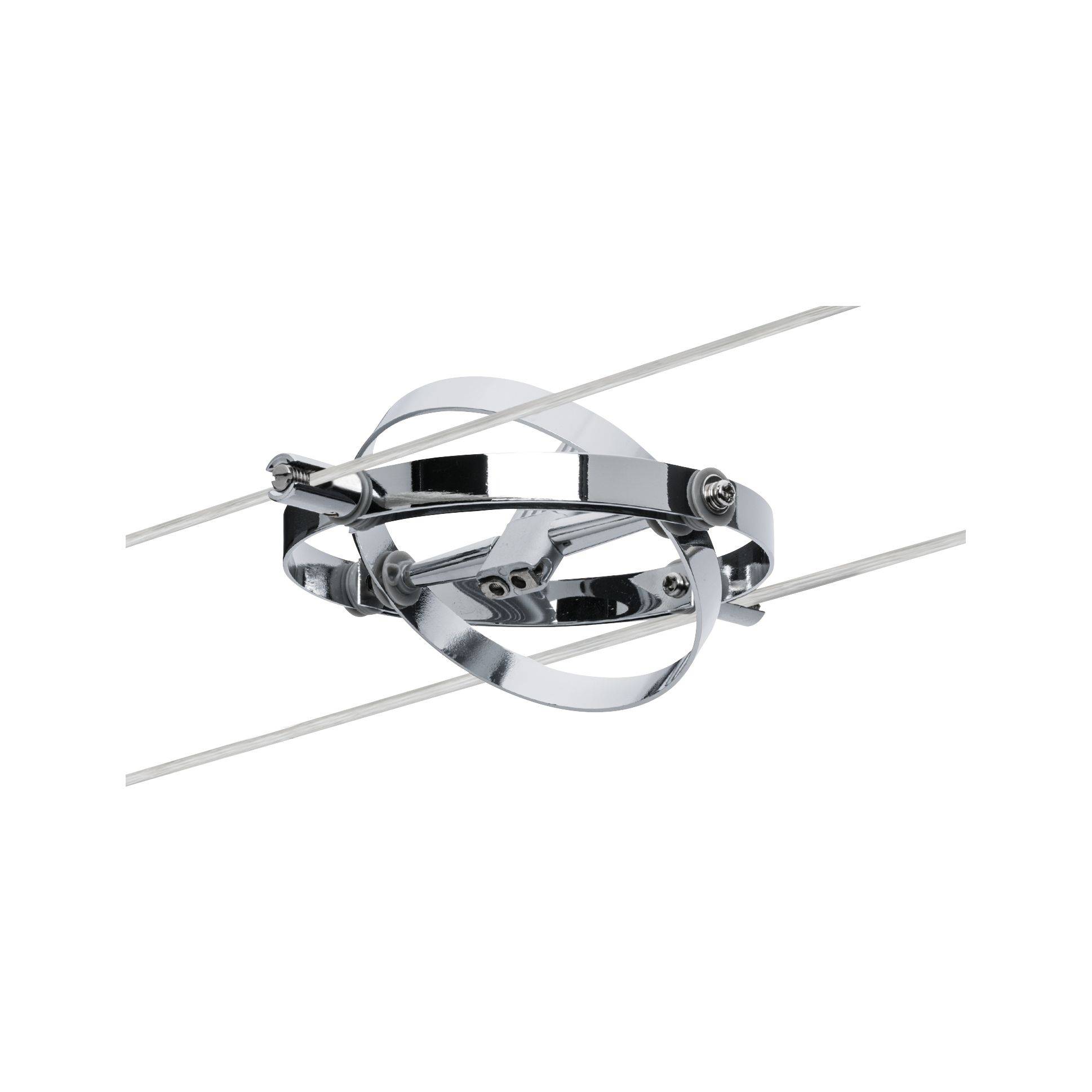 Eine chromfarbene Kabelhalterung wird zwischen zwei parallel verlaufenden Drähten befestigt. Sie dient zur Stabilisierung und Spannung der Drähte.