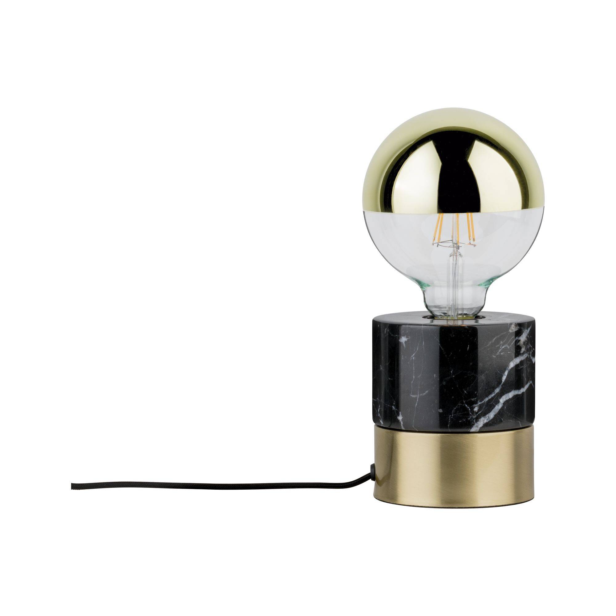 Glamouröse Tischlampe mit runder goldener Glühbirne auf einem schwarz-goldenen Marmorsockel. Elegantes Design für modernes Interieur.