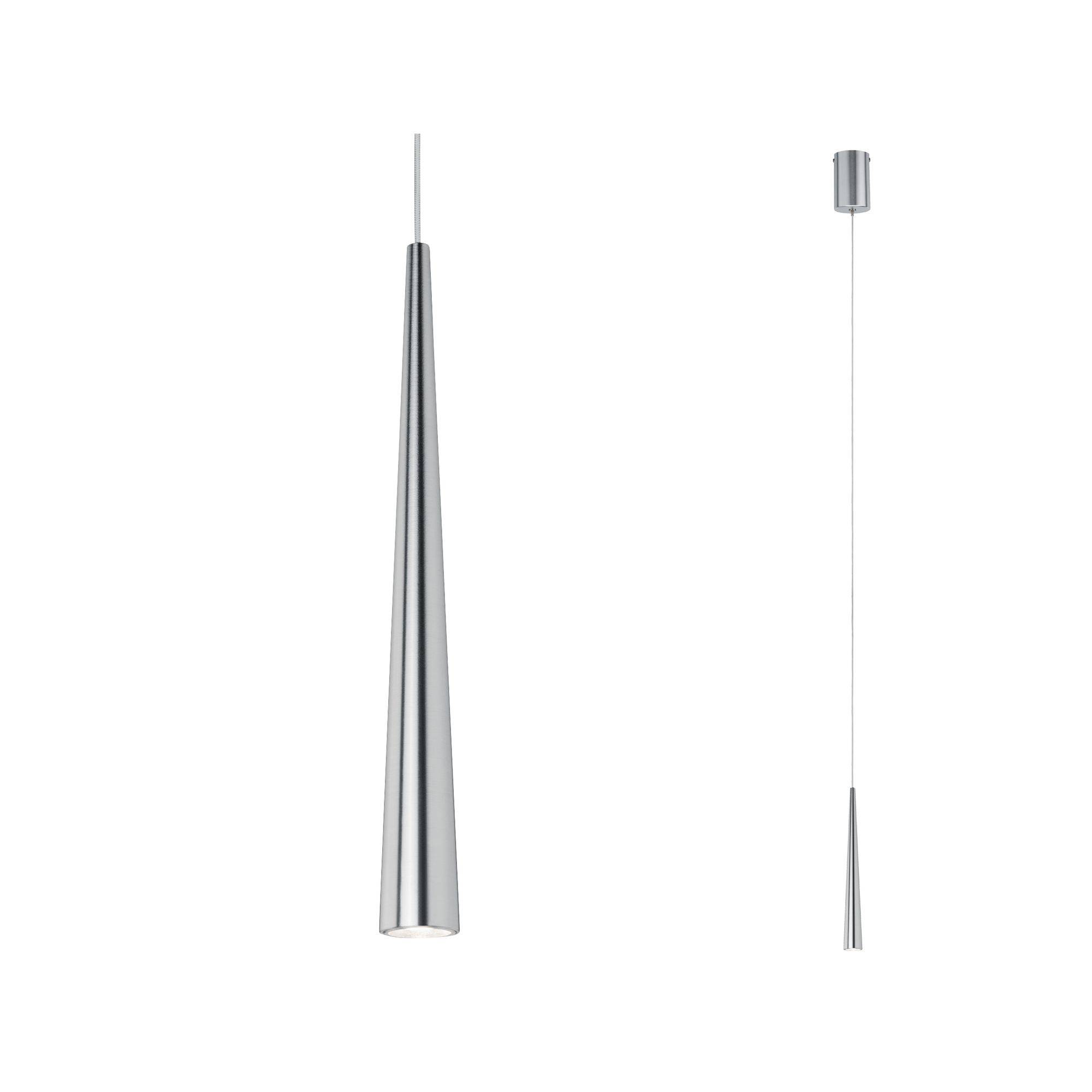 Zwei hängende, schlanke Pendelleuchten aus Metall, eine frontal, die andere von der Seite gezeigt, auf weißem Hintergrund.