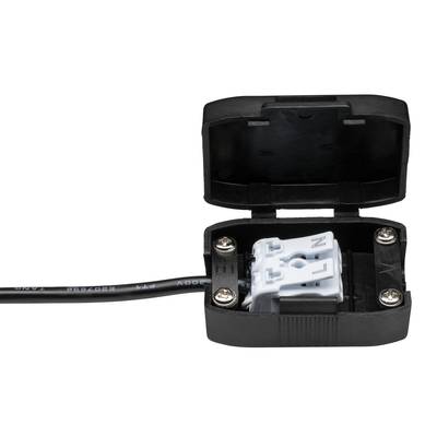 'Ein elektrischer Anschlusskasten mit offenem Deckel. Zwei weiße Klemmen fixieren schwarze Kabel an den Seiten, sichtbar sind Schrauben.'