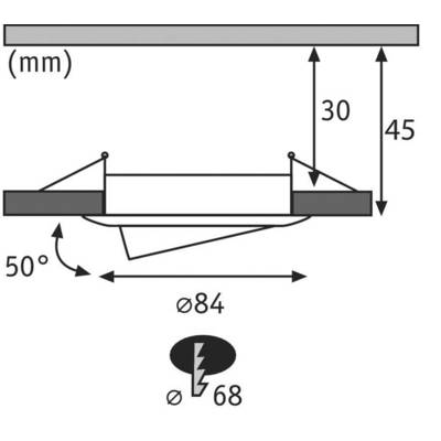 Diagramm einer Deckenleuchte mit Maßen: 30 mm Höhe, 45 mm Gesamttiefe, Ø84 mm Durchmesser, 68 mm Einbauöffnung, Neigungswinkel 50°.