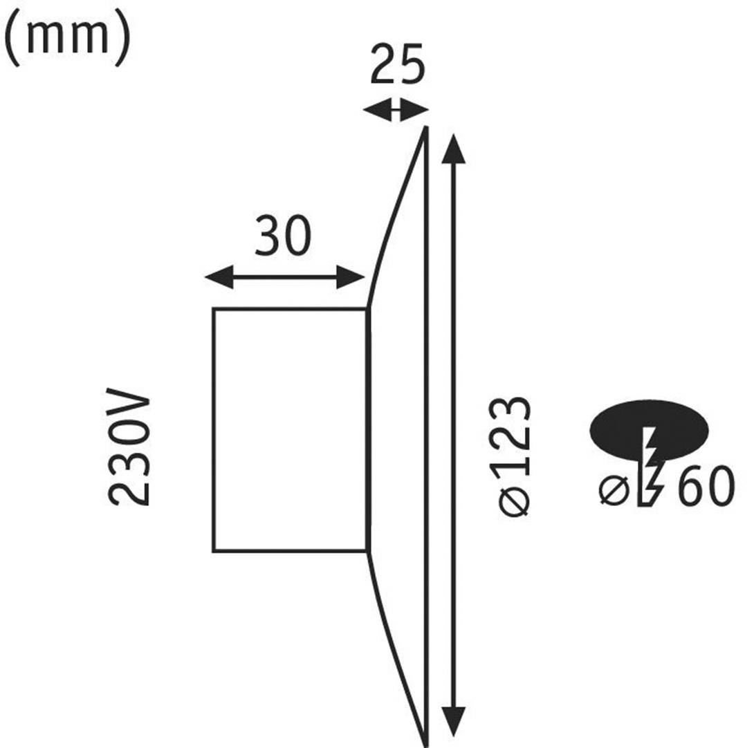 Diagramm zeigt technische Maße eines elektrischen Geräts: Höhe 30 mm, Breite 123 mm, Tiefe 25 mm, Spannung 230V, Sockeldurchmesser 60 mm.