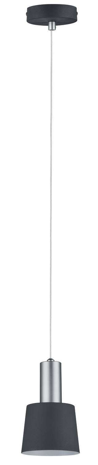 Eine moderne, minimalistische Pendelleuchte mit schwarzem Lampenschirm, silbernem Sockel und dünnem Kabel, ideal für stilvolle Innenräume.