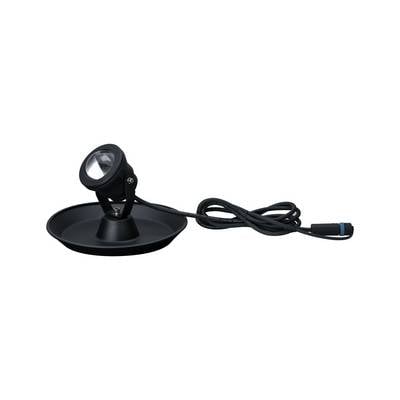 Kleine schwarze Leuchte mit rundem Fuß und Kabel, geeignet für den Außeneinsatz oder zur Beleuchtung von Gärten oder Teichen.