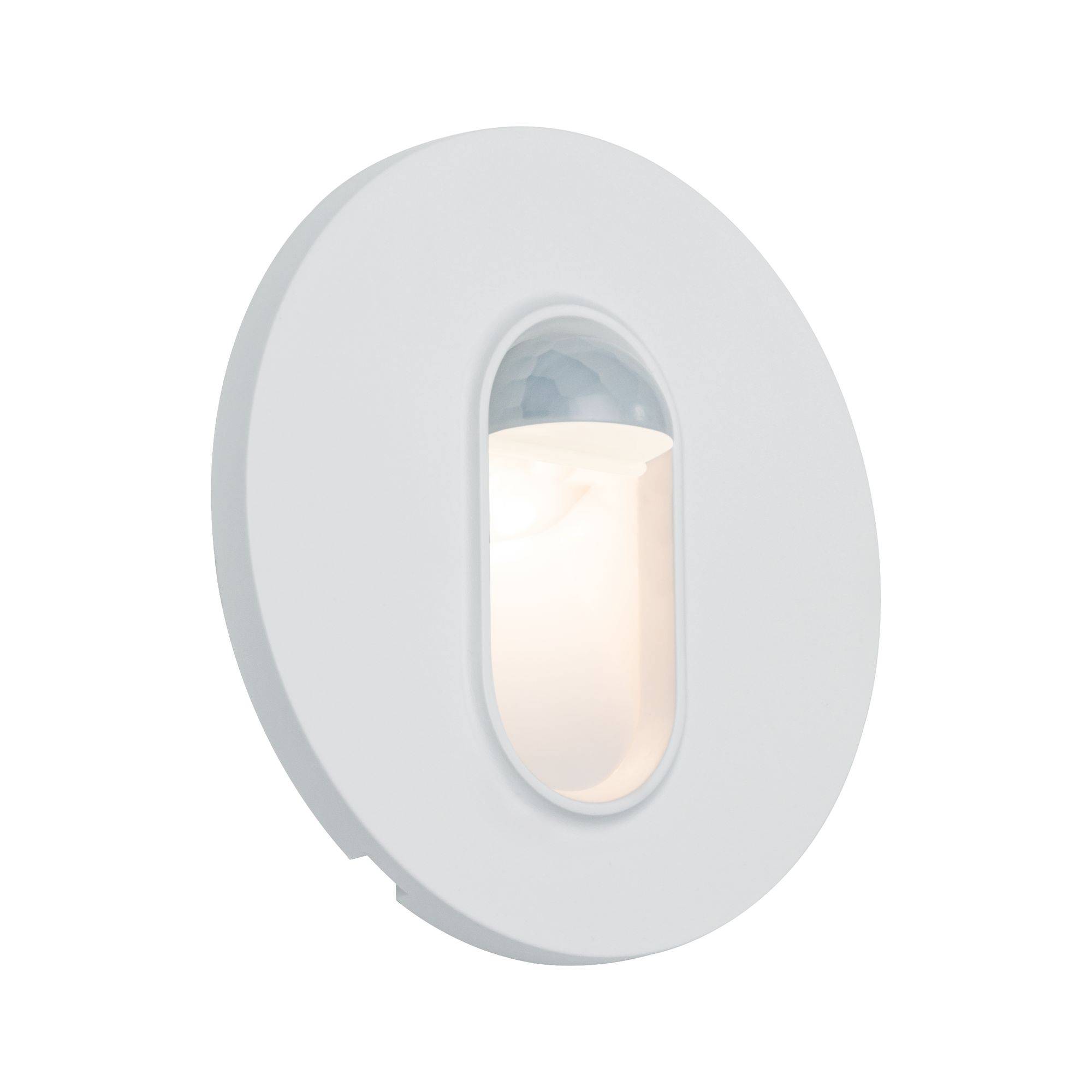 Moderne, weiße LED-Wandleuchte mit ovaler, abgerundeter Form; Glühquelle zentral platziert, geeignet für Innenraumbeleuchtung.