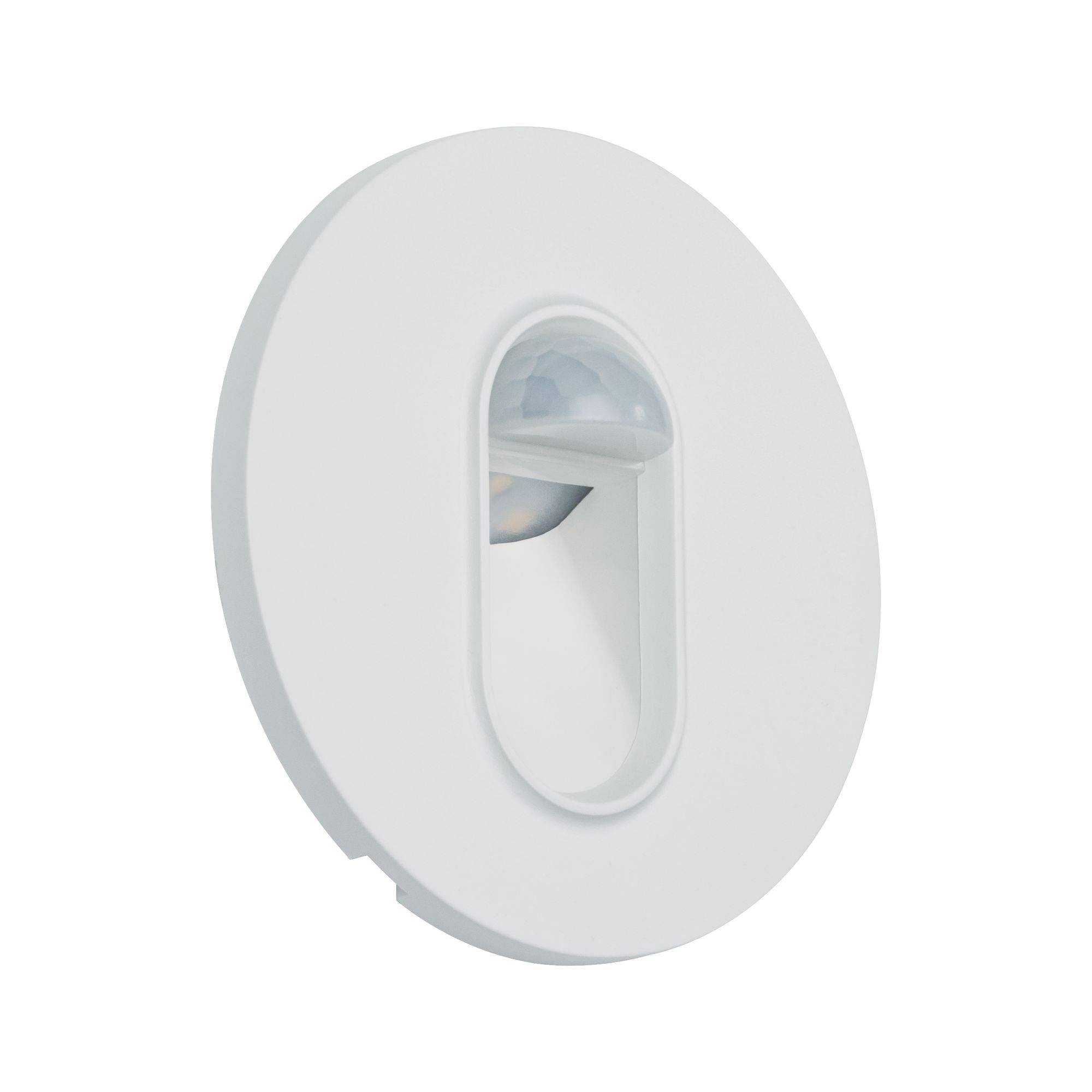Eine ovale, weiße LED-Wandleuchte mit integriertem Bewegungsmelder, geeignet für moderne Innenbeleuchtung.