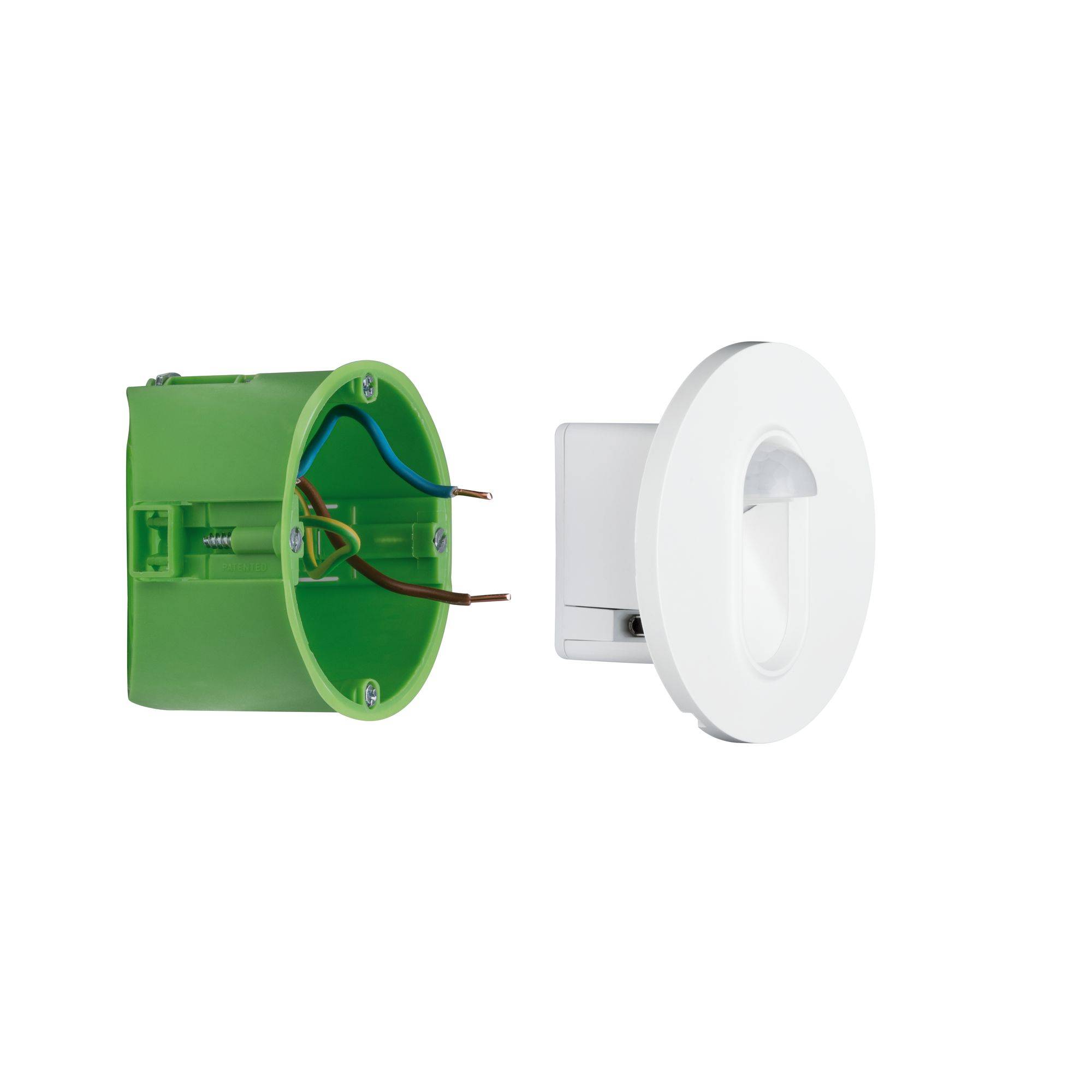 Grüne Unterputzdose mit Drähten links, weißes LED-Wandeinbau-Element rechts, beide zur Installation vorbereitet.