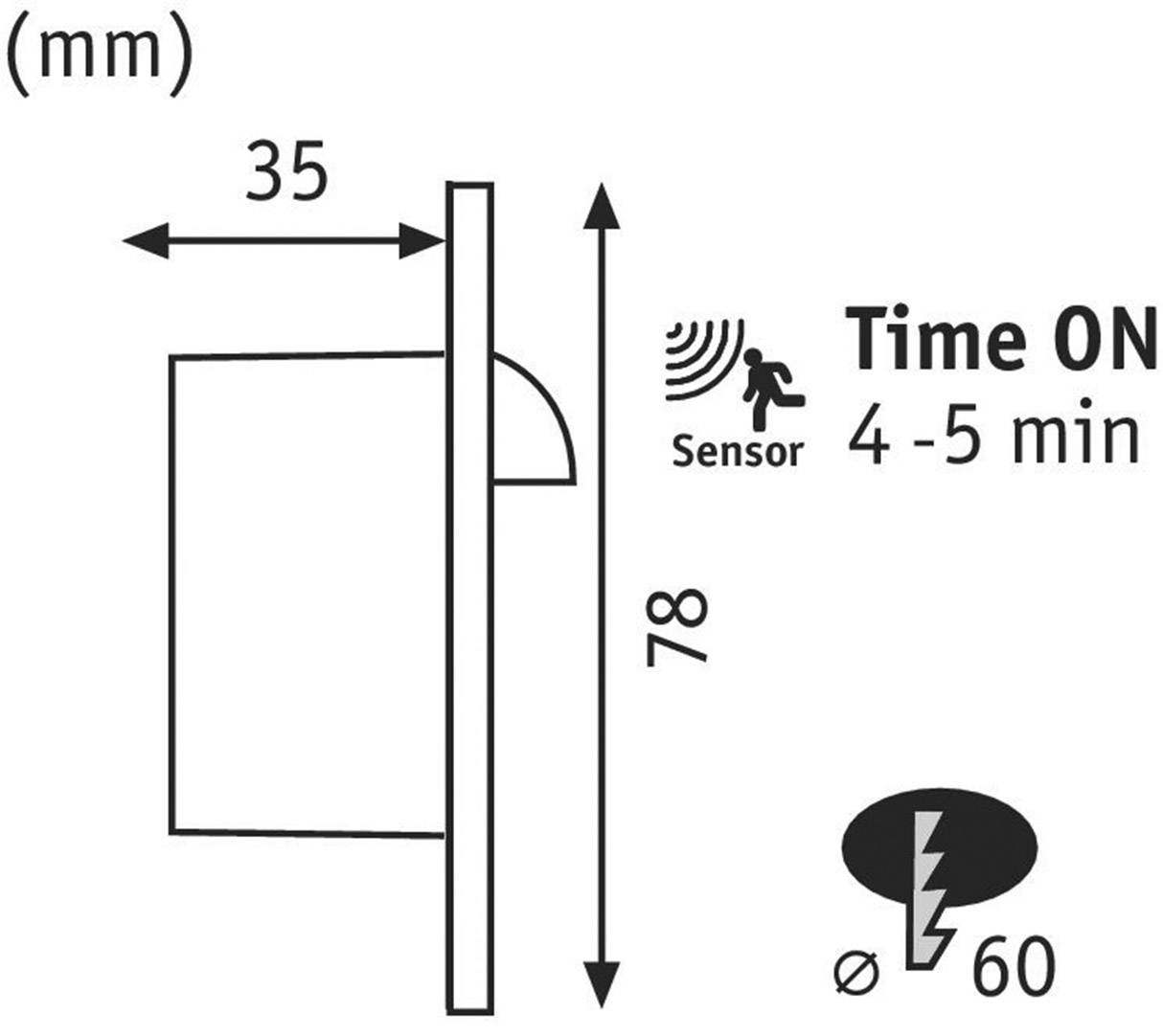 Technische Zeichnung eines Sensors: Abmessungen 78 mm hoch und 35 mm breit. Er aktiviert sich 4-5 Minuten bei Bewegung, Bohrlochdurchmesser 60 mm.