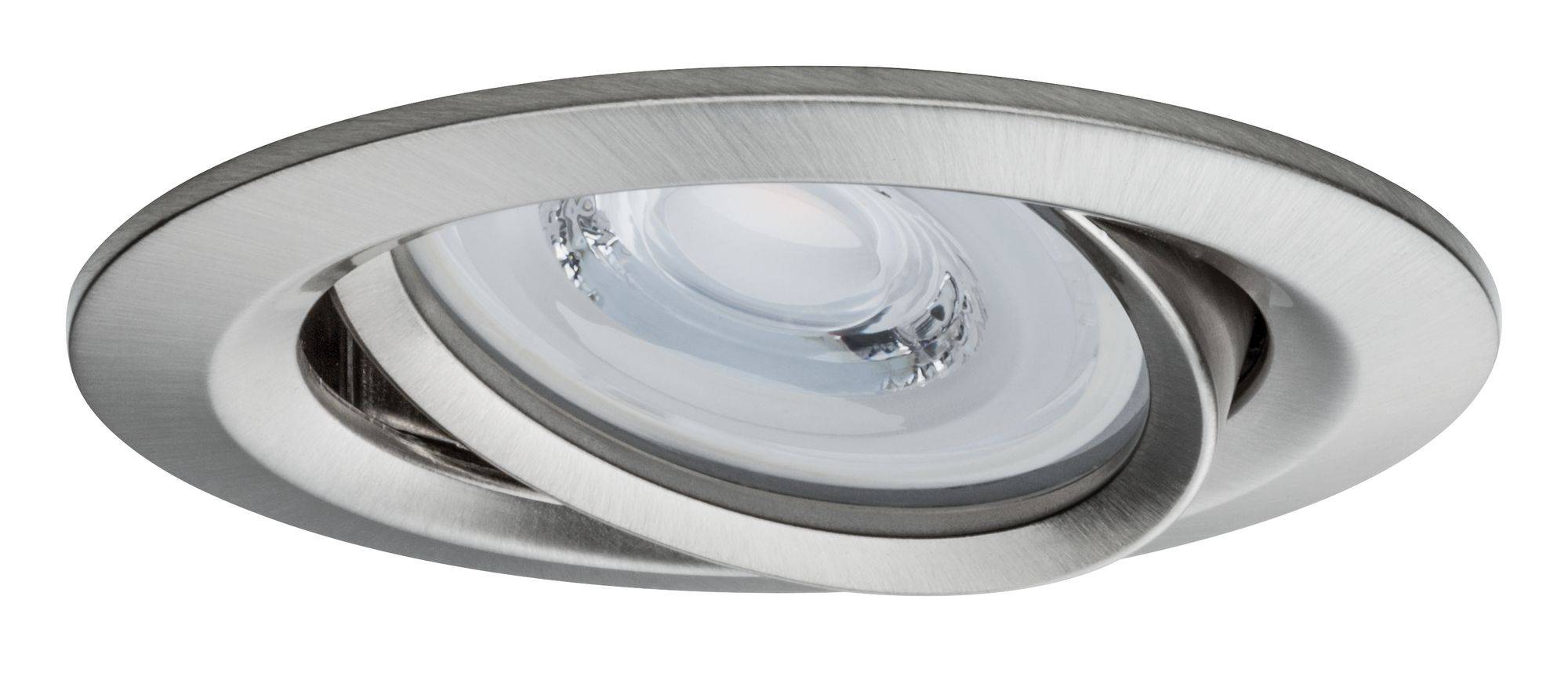 Eine runde, schwenkbare LED-Einbauleuchte aus gebürstetem Metall mit einem Glasdiffusor in der Mitte.