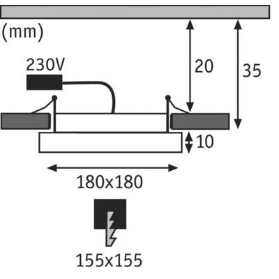 Diagramm zeigt einen elektrischen Anschluss. Ein Kabel ist mit '230V' gekennzeichnet. Maße: 180x180 mm, 155x155 mm, Höhen 20 mm und 35 mm.