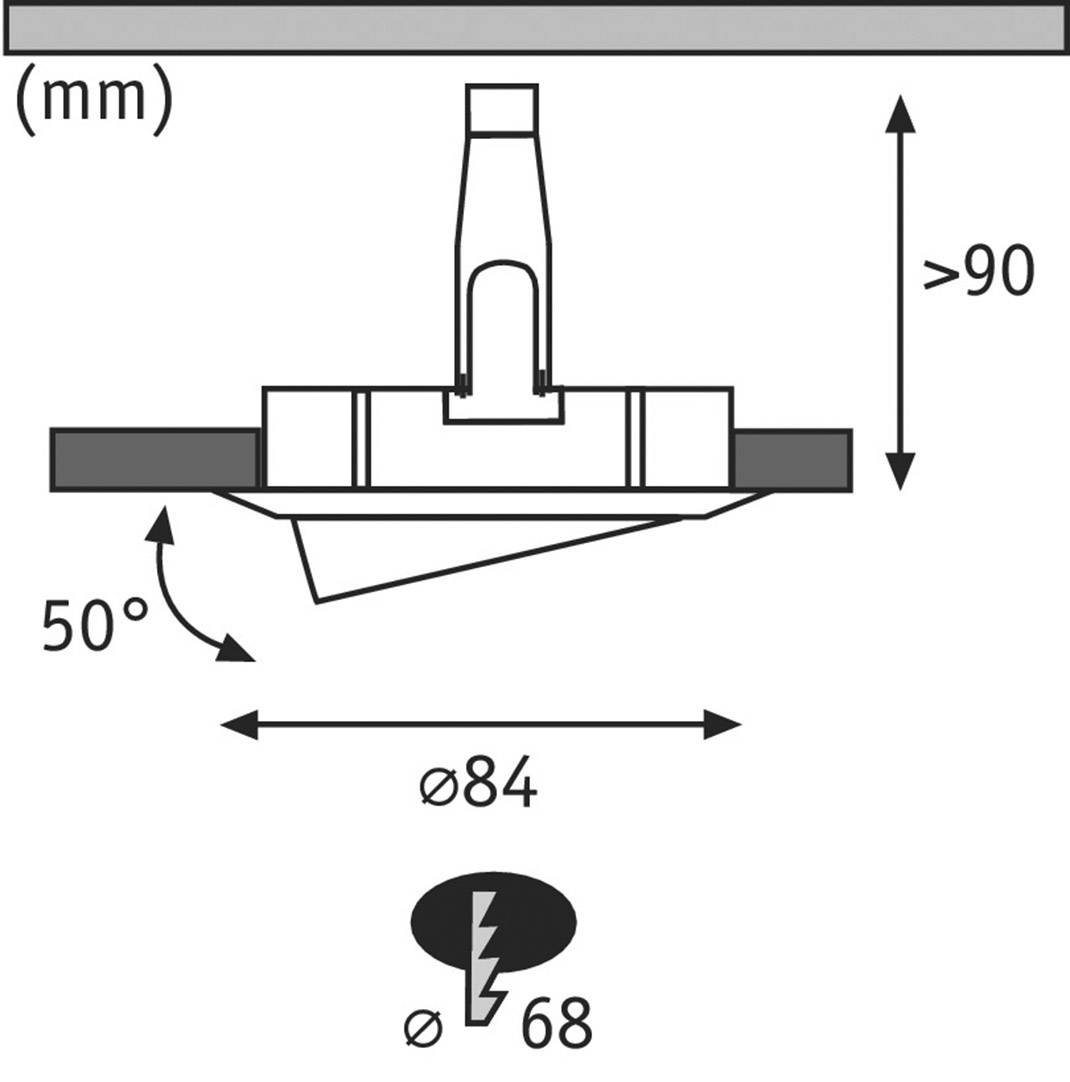 Diagramm eines Einbaustrahlers: Winkel 50°, Durchmesser 84 mm, benötigte Öffnung 68 mm, Mindesteinbautiefe 90 mm.