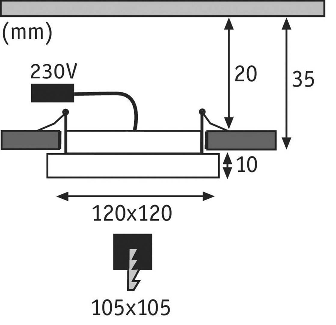 Querschnittsskizze einer Deckenmontage: 230V-Kabel verbindet die Leuchte, Maße 120x120mm, Einbautiefe 35mm, Montageausschnitt 105x105mm.