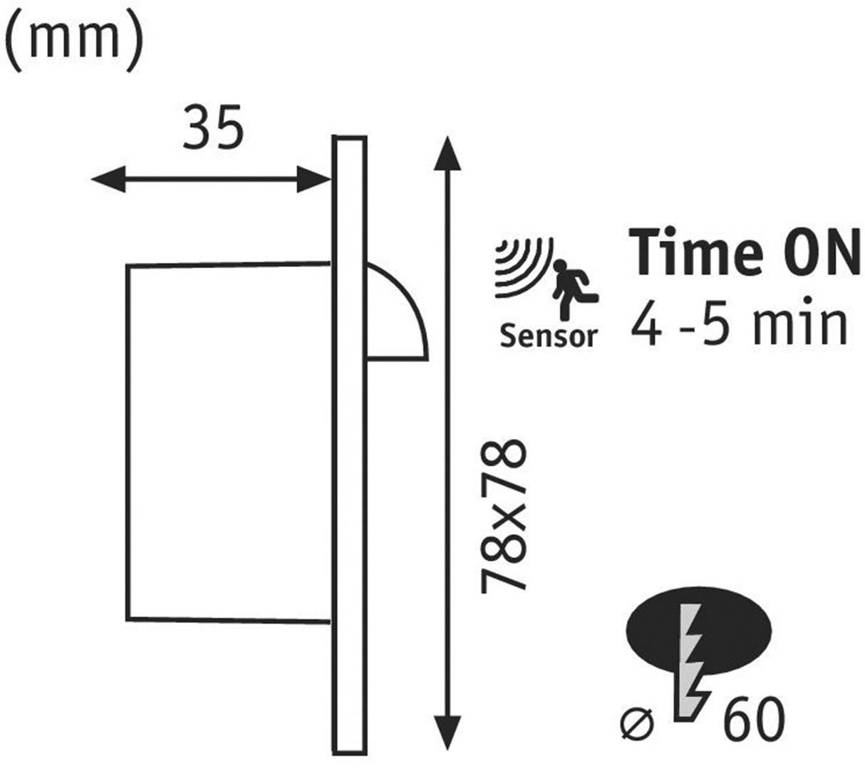 'Diagramm eines Sensors mit Abmessungen: 35 mm Tiefe, 78 mm Höhe. Schaltzeit: 4-5 Minuten. Erfassungsbereich: Durchmesser 60 mm.'