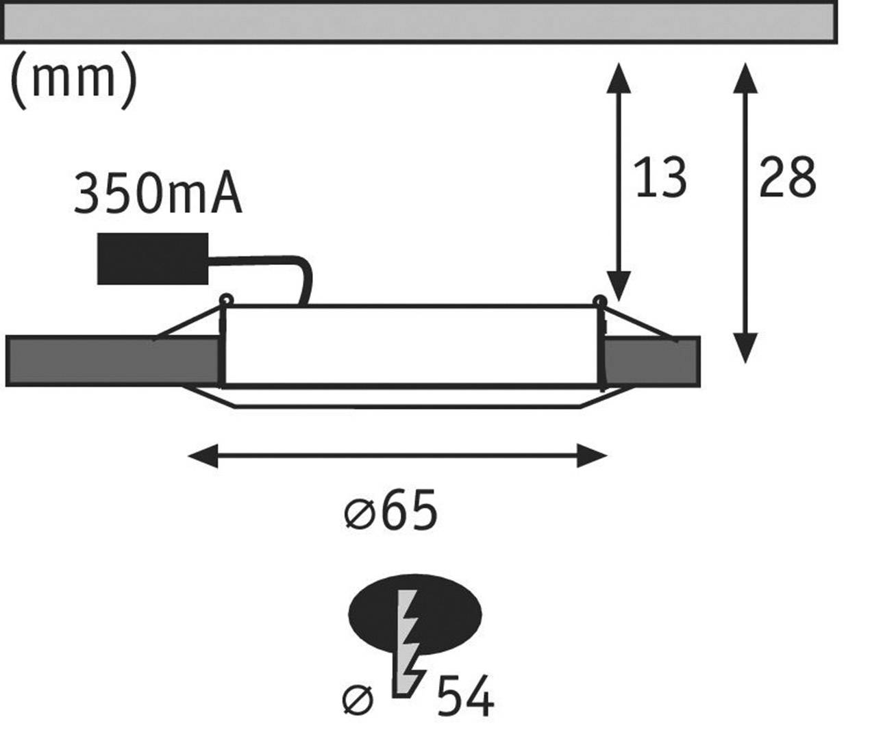 'Diagramm zeigt die Maße einer runden Leuchte: Durchmesser 65 mm, Höhe 28 mm. Stromstärke 350 mA. Blitzsymbol bei Ø 54 mm.'