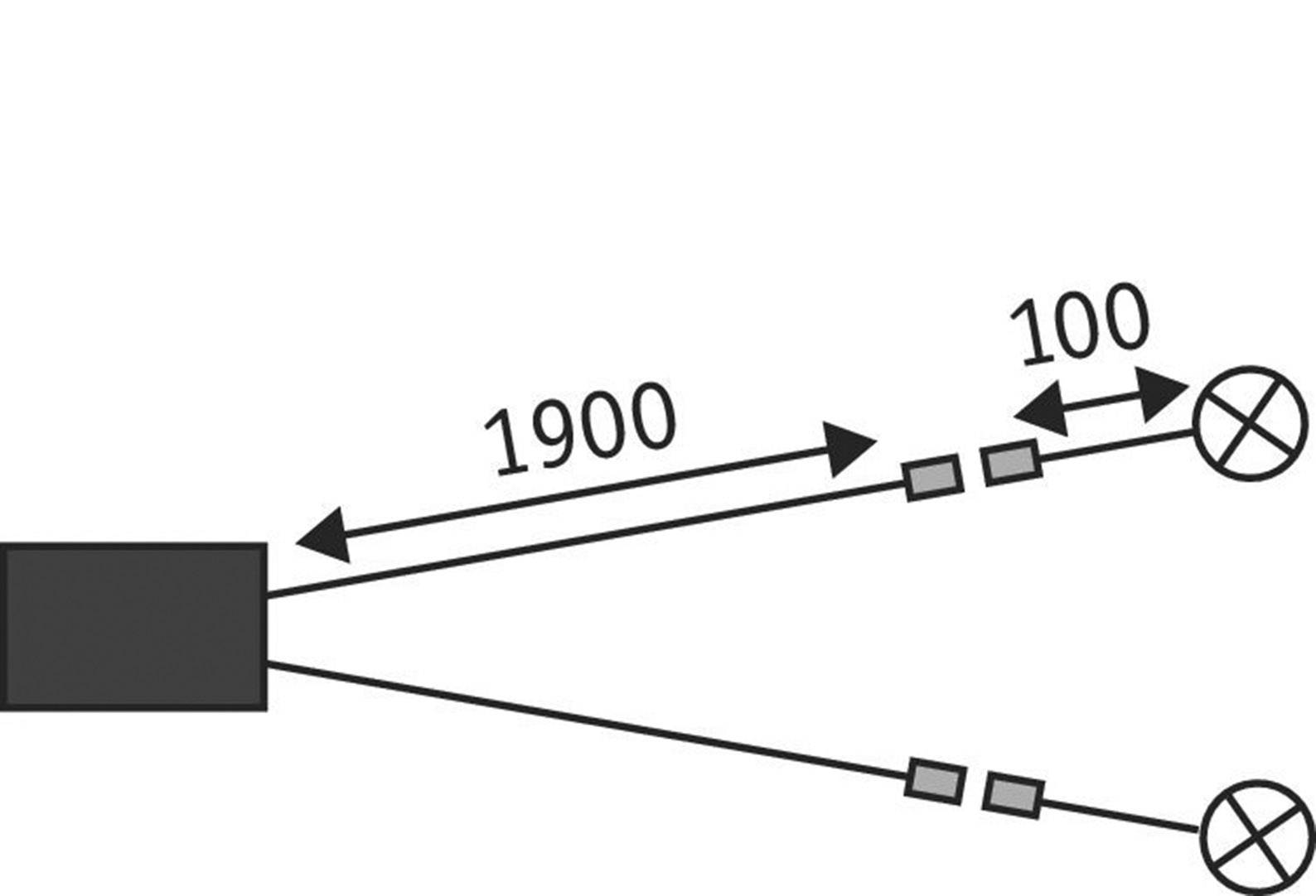 Diagramm eines Schaltplans mit zwei Leitungen von einem Kasten. Eine Leitung hat die Beschriftung '1900', die andere '100', beide enden mit Symbolen.