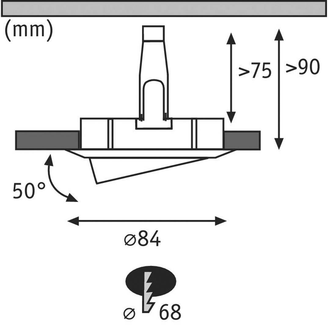 'Einbauleuchte Durchmesser 84 mm, Neigungswinkel 50°, Installationshöhe über 75 bis 90 mm, erforderliche Bohrung 68 mm.'