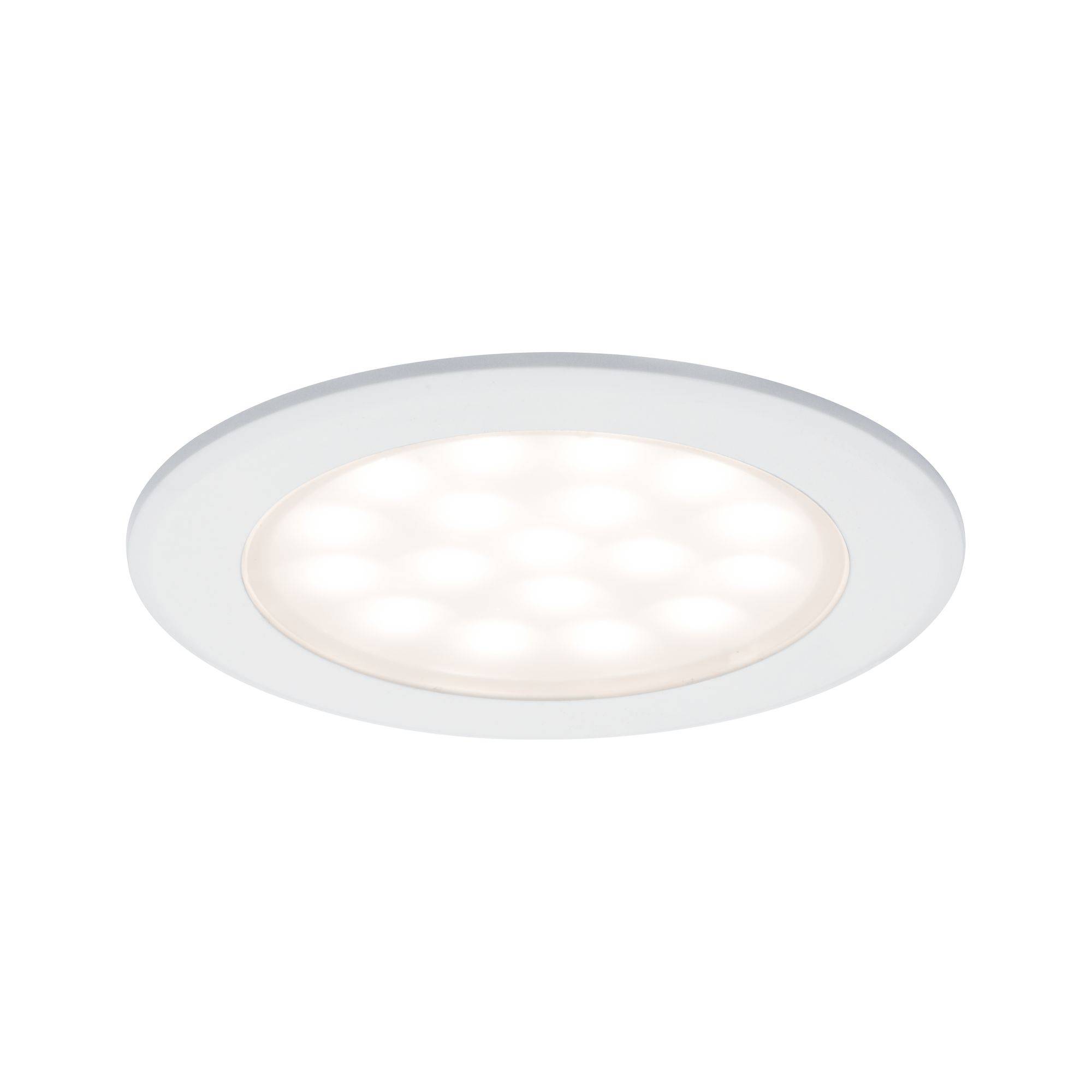 Eine runde, weiße LED-Deckenleuchte, die helles, gleichmäßiges Licht abstrahlt. Ideal für moderne Innenraumbeleuchtung.