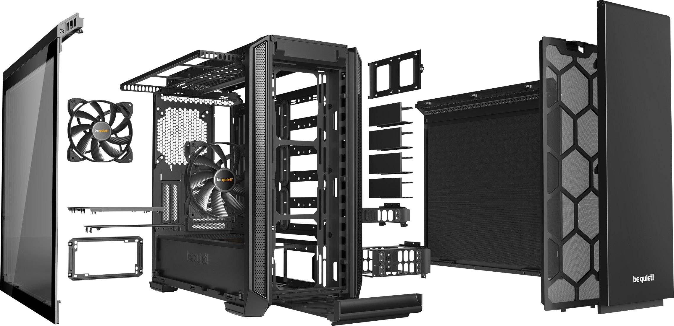 Computergehäuse mit offenem Design zeigt verschiedene abnehmbare Bauteile wie Lüfter, Frontblende und Seitenteile für besseren Überblick.