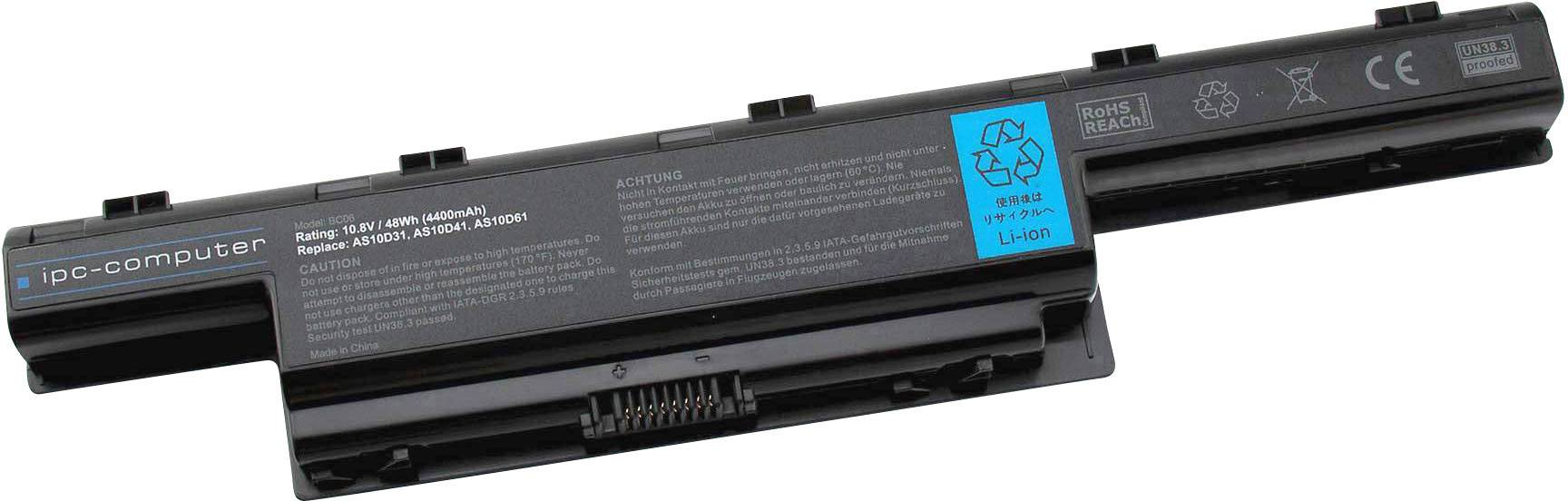 Schwarzer Laptop-Akku mit blauer Etikett auf der Vorderseite, Lithium-Ion-Technologie, Verbindungskontakt unten.