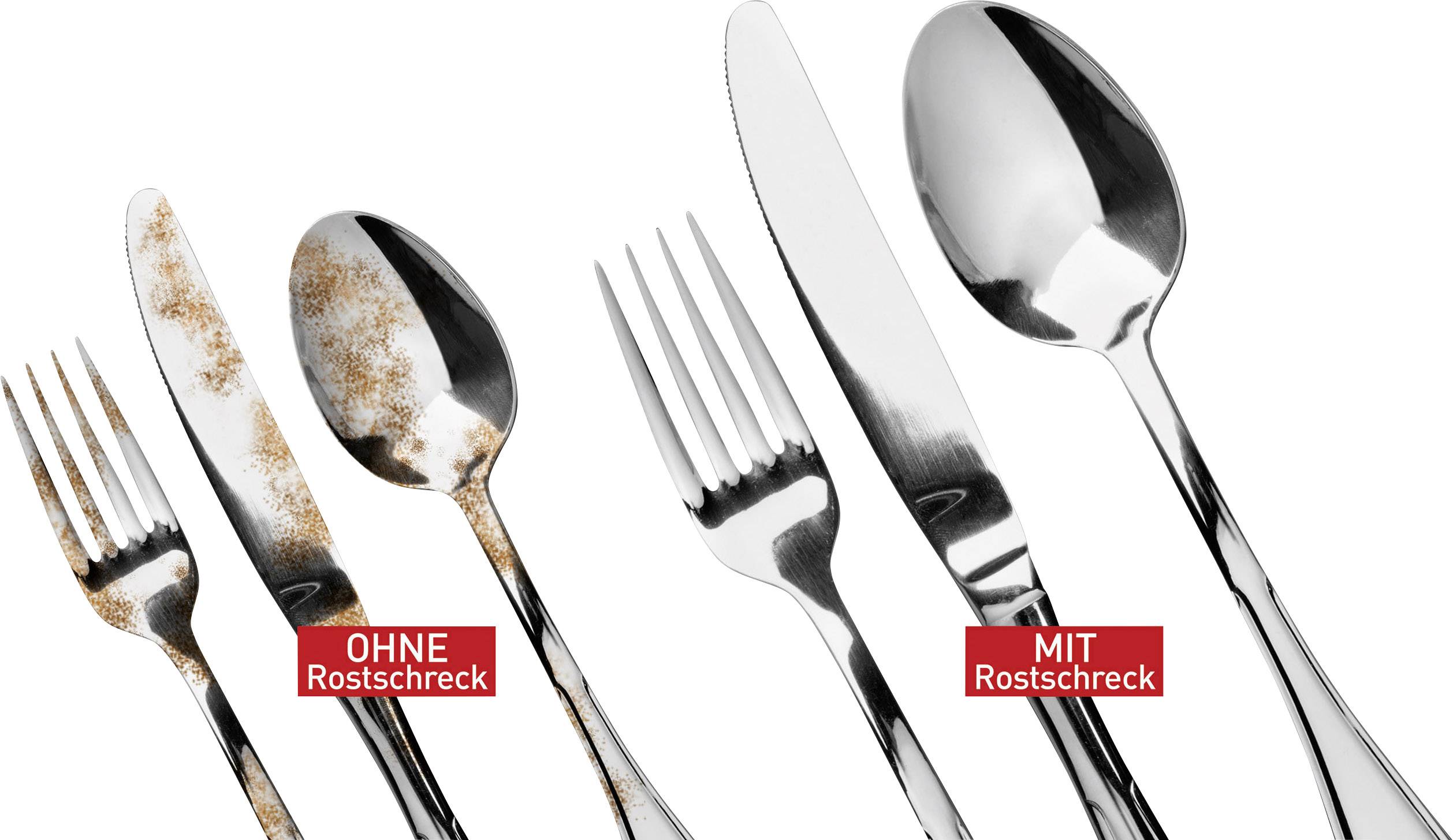 Besteckset, links ohne Rostschutz mit Rostflecken, rechts mit Rostschutz glänzend und rostfrei; beschriftet 'OHNE Rostschreck' und 'MIT Rostschreck'.