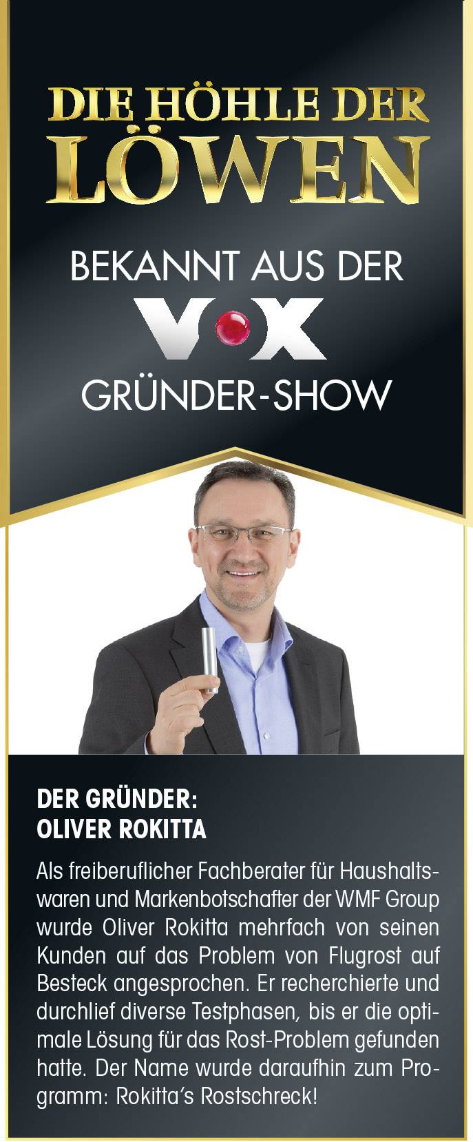 Ein Mann im Anzug hält ein Taschenmesser. Text beschreibt ihn als 'Der Gründer: Oliver Rokitta', verbunden mit einer TV-Show und seiner Erfindung zur Rost-Lösung.