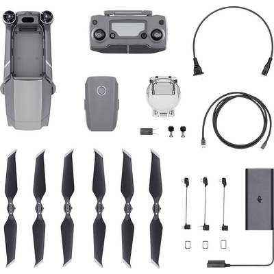 Drohnen-Kit bestehend aus einer zusammengeklappten Drohne, Fernbedienung, Batterien, Ladekabeln, Ersatzpropellern und Zubehör.