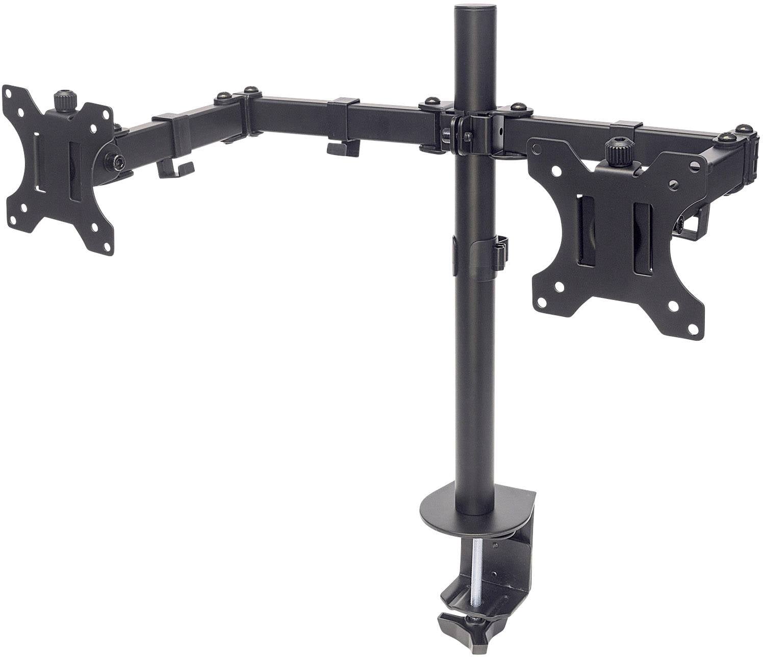 Duale Monitorhalterung in Schwarz mit verstellbaren Armen und Klemmbefestigung, geeignet zur Tischmontage.