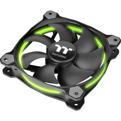 Schwarz-grüner Computerlüfter von Thermaltake, beleuchtet mit grünen LEDs.