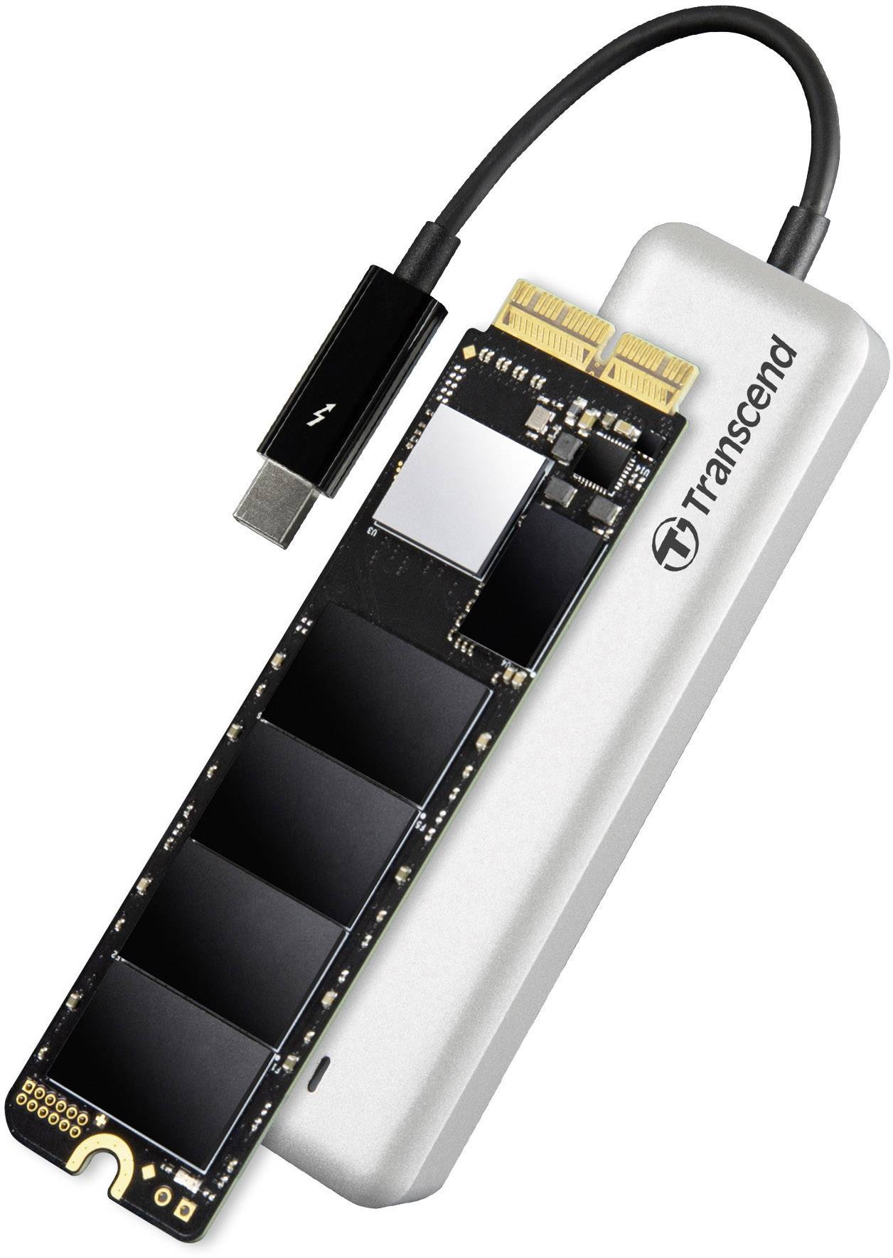 Externes Solid-State-Laufwerk von Transcend mit USB-C-Anschluss, schwarzem Speicherchip und silbernem Gehäuse.