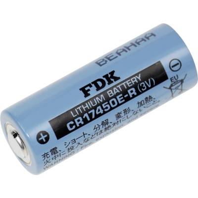 Blauer Lithium-Ionen-Akku mit der Beschriftung 'FDK CR17450E-R (3V)', sowie internationalen Warnhinweisen und Symbolen.