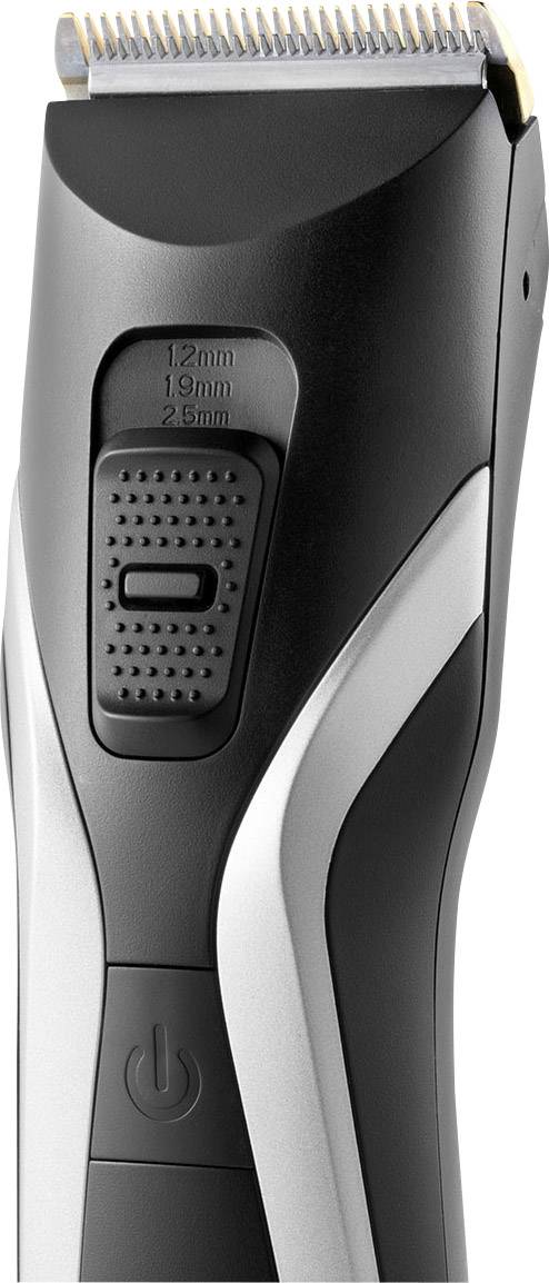 Elektrischer Haarschneider mit schwarzem und silbernem Gehäuse, anpassbarer Schnittlänge und Ein-/Ausschalter.