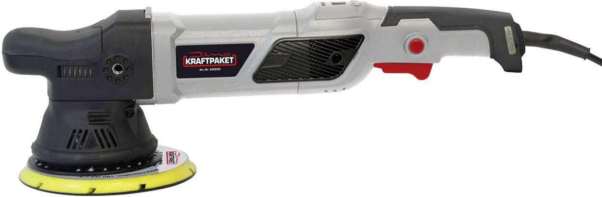 Eine elektrische Poliermaschine mit schwarzem Griff und gelber Polierscheibe, geeignet für Auto- oder Möbelpolitur.