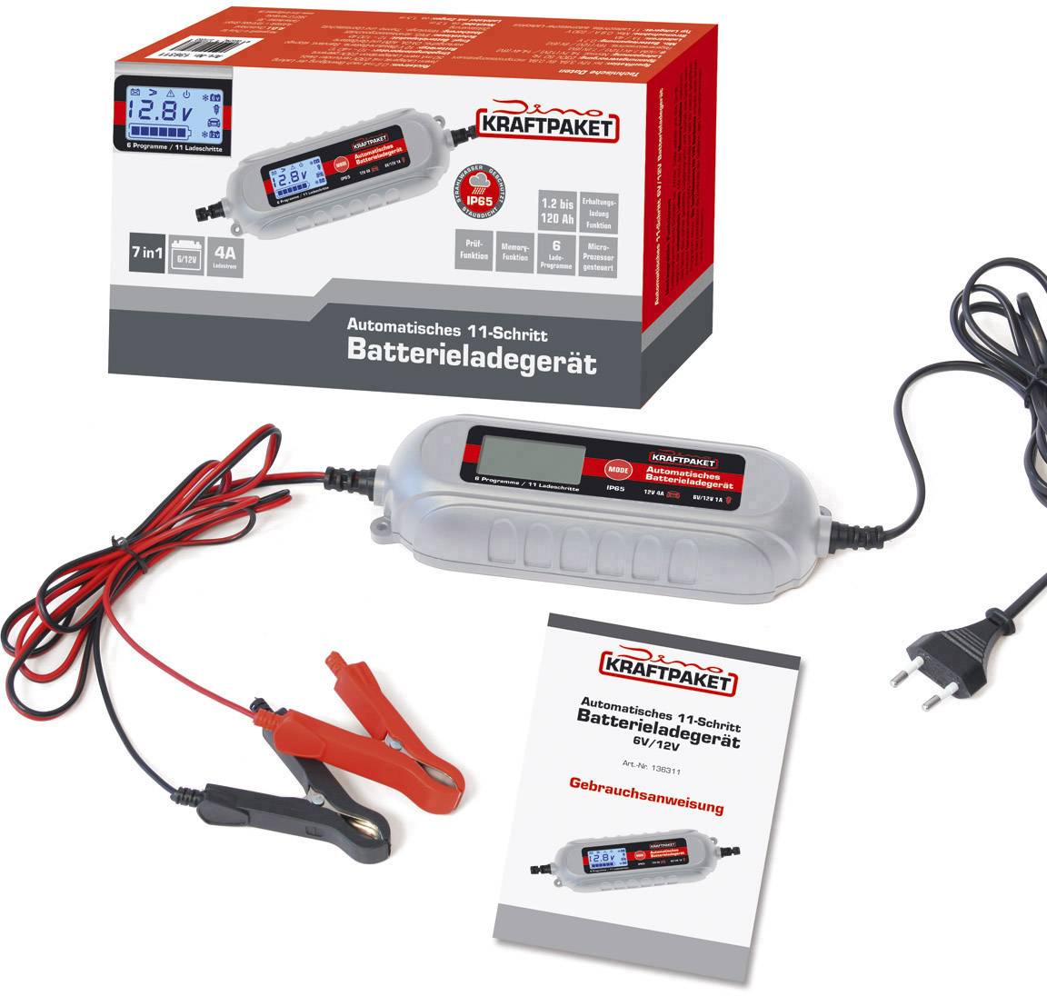 'Automatisches 11-Schritt Batterieladegerät, inklusive Bedienungsanleitung und Verpackung, angezeigt ist ein Display mit Werten.'