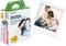 Instax Sofortbildfilm-Verpackung und ein Polaroid-Foto von drei lachenden Personen.