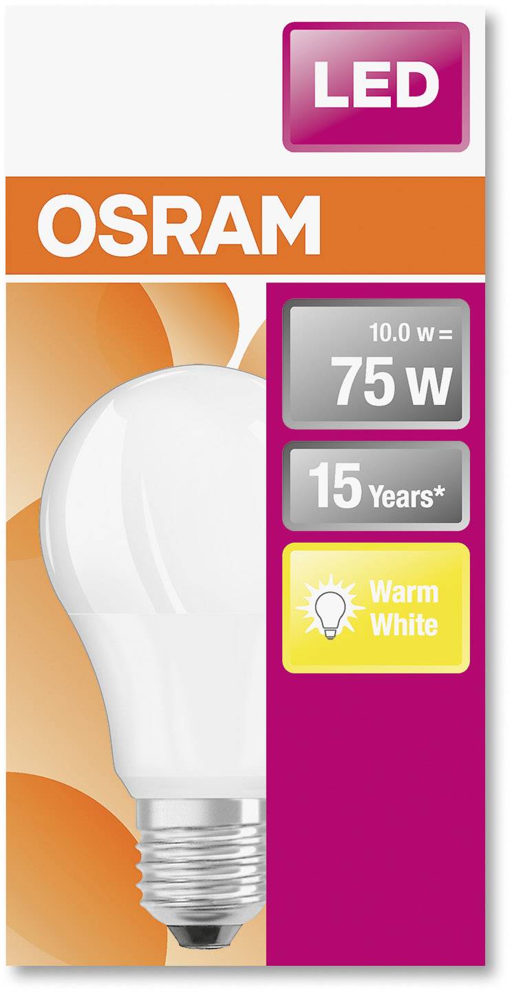 Verpackung einer LED-Glühbirne mit der Marke 'Osram', 75 Watt Leistung, warmweißes Licht, Lebensdauer von 15 Jahren.