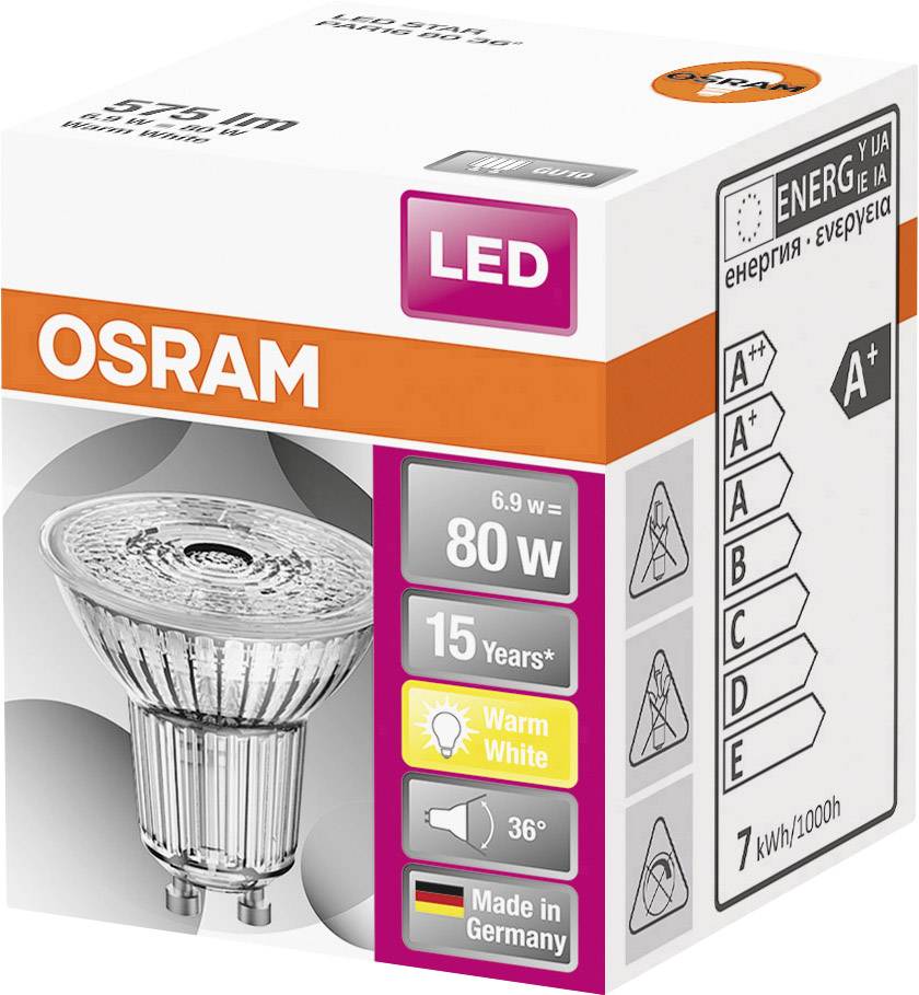 LED-Lampe von OSRAM, 575 Lumen, 6,9 W, Energieklasse A+, warmweiß, Lebensdauer 15 Jahre, hergestellt in Deutschland. Verpackung zeigt Energieeffizienz-Skala und Produktdetails.