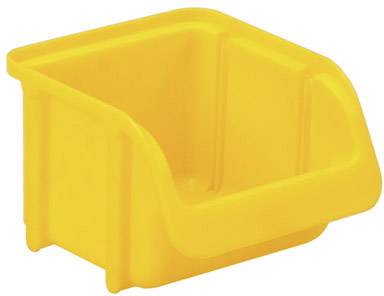 Gelbe Kunststoff-Aufbewahrungsbox mit offener Vorderseite, ideal zur Lagerung von Kleinteilen.