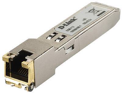 Ein silberner D-Link SFP Transceiver. Er wird zur Netzwerkverbindung in Geräten verwendet.