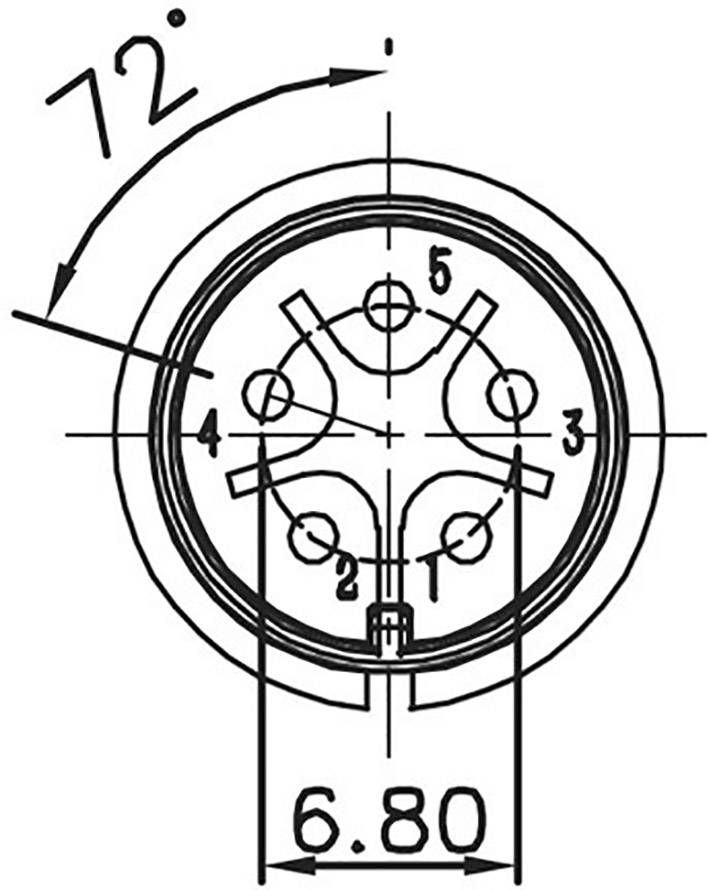Elektrisches Diagramm eines Rundsteckers mit fünf markierten Anschlüssen in einem symmetrischen Layout. Winkel von 72° und Durchmesser von 6,80 mm angegeben.