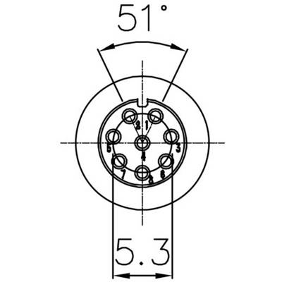 Technische Zeichnung eines runden Steckverbinders mit acht nummerierten Positionen. Winkel von 51° und Durchmesser von 5,3 mm angegeben.